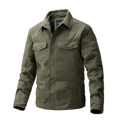 Men's black quilted polo collar jacket with wool lining on a hanger