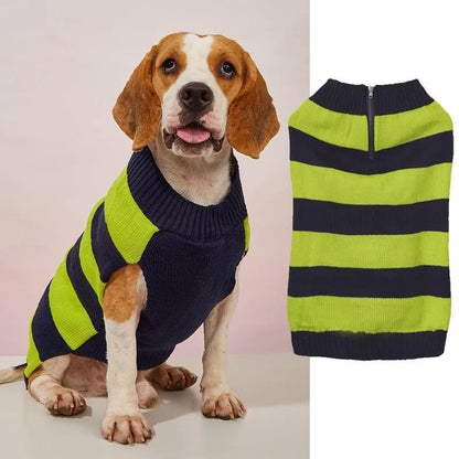 Grey dog sweater with horizontal zipper and button pocket on a small dog.
