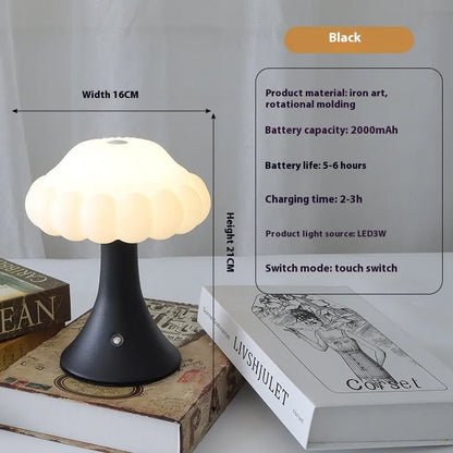 Mushroom-shaped touch lamp with USB charging port, 16cm diameter, in wood grain finish
