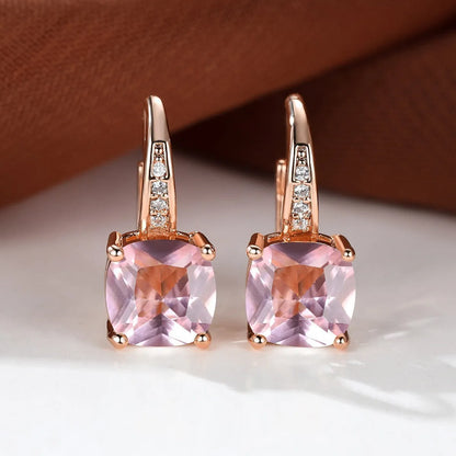 Square zircon inlaid ear hook earrings with geometric design and electroplated finish in golden tone