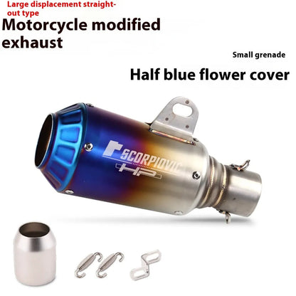 Universal stainless steel motorcycle exhaust pipe with decorative flower cover in black, titanium, half blue, or colourful finish