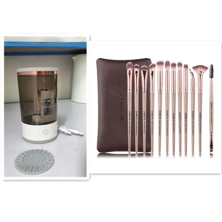 Grey and white portable electric makeup brush cleaner with USB charging cable.