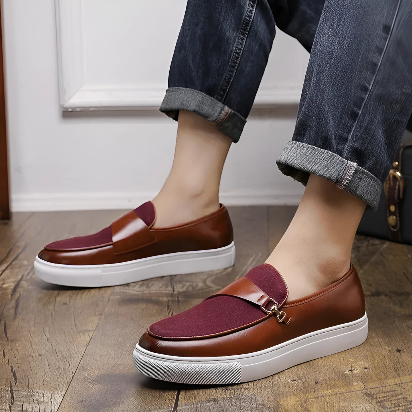 Men's black slip-on loafers with horsebit buckle and round toe, artificial leather upper