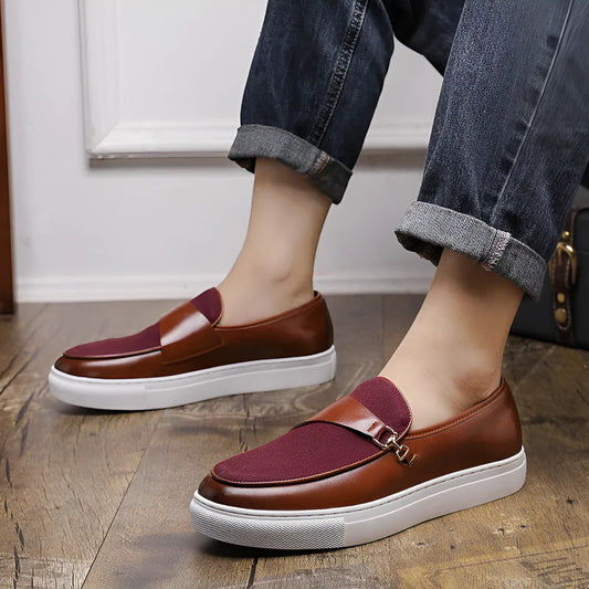 Men's black slip-on loafers with horsebit buckle and round toe, artificial leather upper