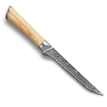 Damascus pattern kitchen knife set with eight stainless steel blades in various sizes