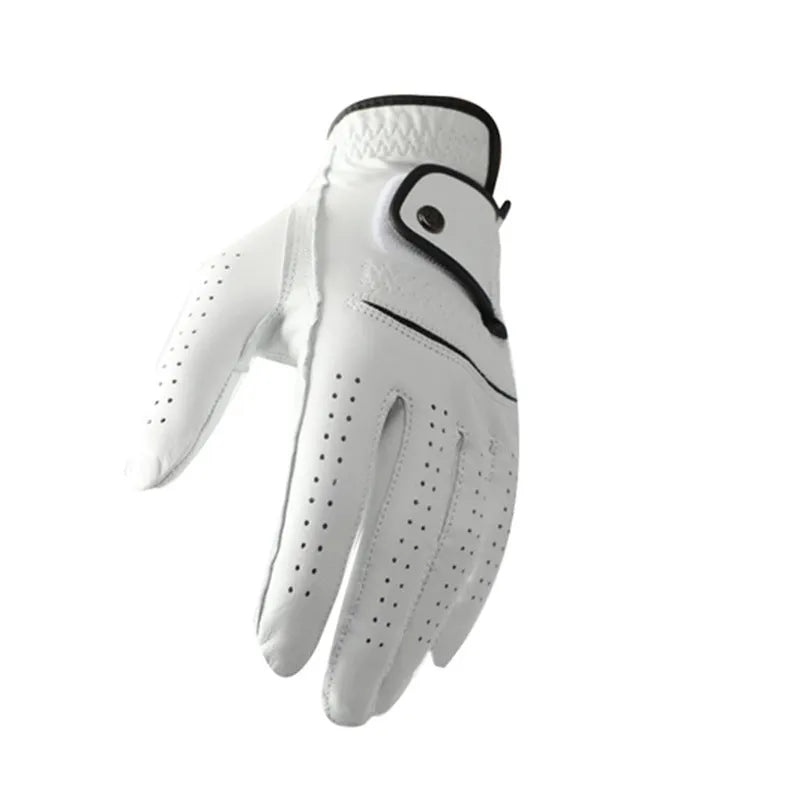 White half sheepskin golf glove for men showing non-slip grip palm detail