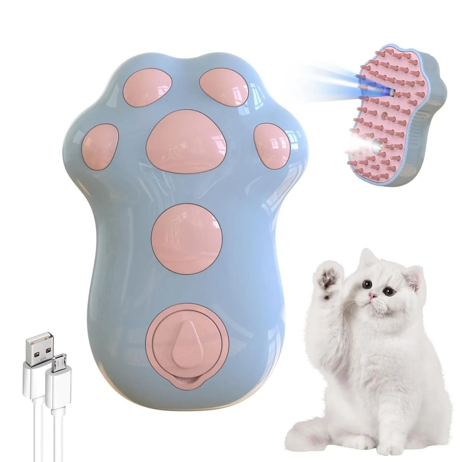 Self-cleaning cat steam brush with silicone bristles, blue light, and rechargeable spray for pet grooming