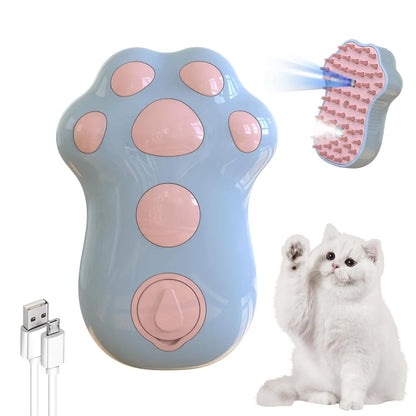Self-cleaning cat steam brush with silicone bristles, blue light, and rechargeable spray for pet grooming