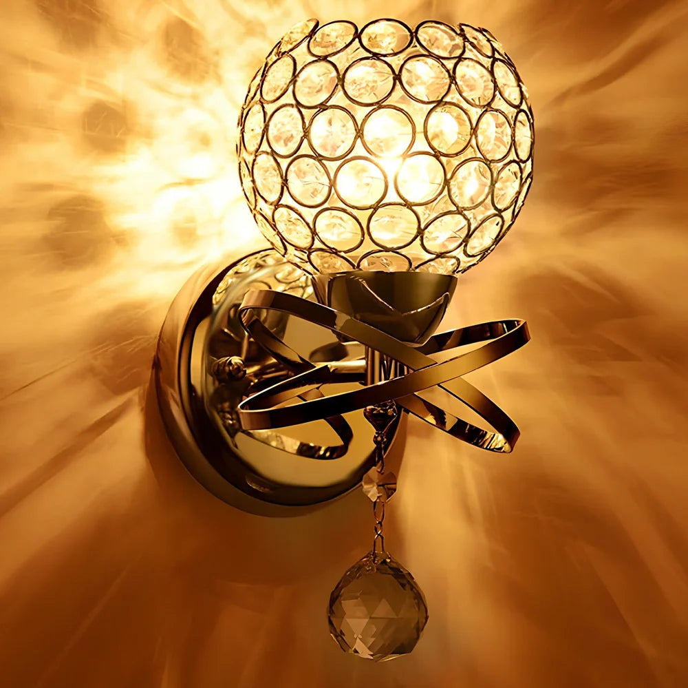 Crystal wall lamp with compact 145mm × 245mm × 100mm dimensions and E27 holder for 220V bulbs