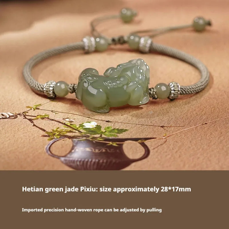 Traditional Chinese Hetian jade bracelet with black and red adjustable ropes and jade beads