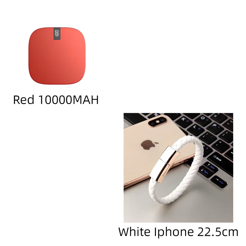 Red 10000 mAh mini power bank with digital display showing battery percentage, measuring 90x64x24mm