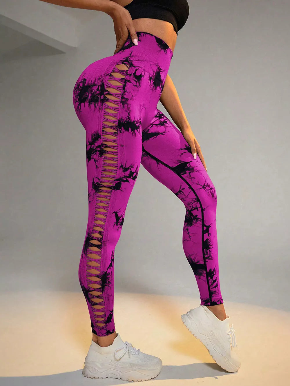 High waist butt lift seamless yoga pants with hollow tie dye print for women