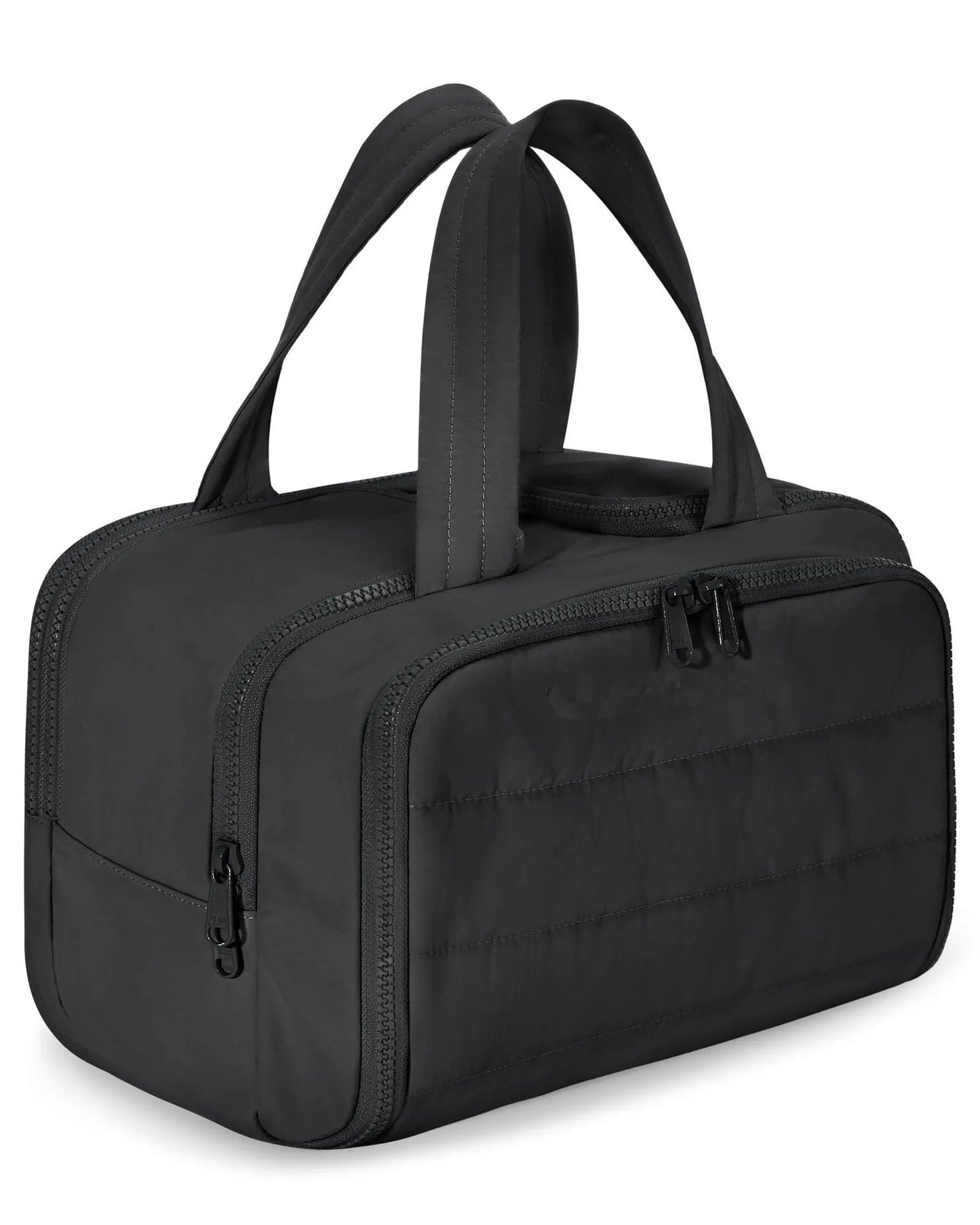 Travel toiletry bag with wide-open design showing 29.97cm length, available in six colours including black and pink