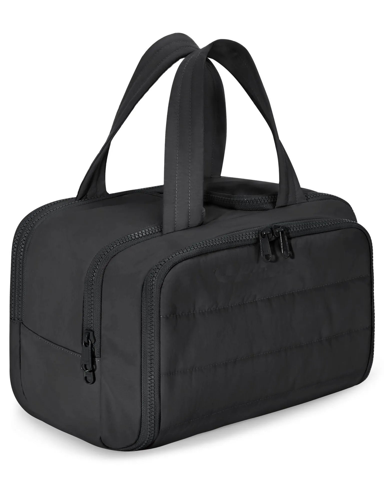 Travel toiletry bag with wide-open design showing 29.97cm length, available in six colours including black and pink