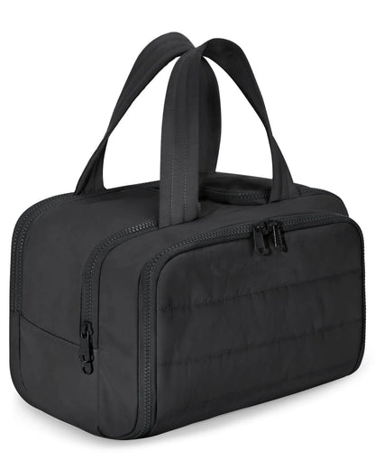 Travel toiletry bag with wide-open design showing 29.97cm length, available in six colours including black and pink