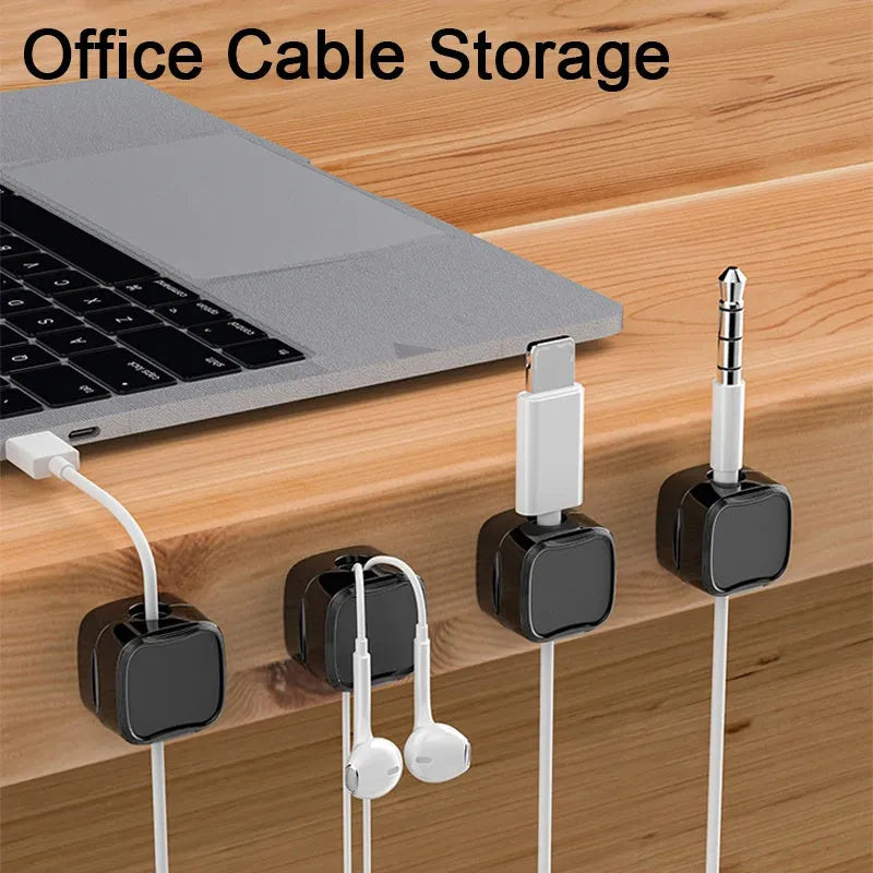 Black and white magnetic cable clips for under desk cable management with adhesive backing