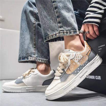 Male Student Sports Casual Shoes in beige, white and blue, and beige and black with mesh lining and rubber sole