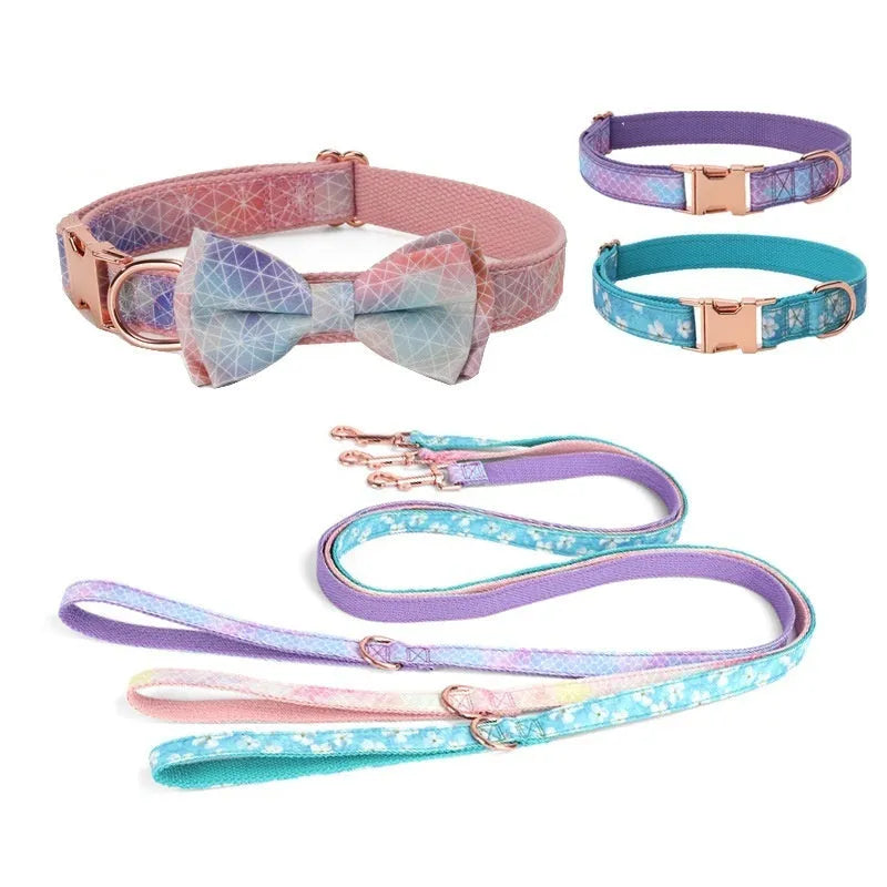 Rose gold buckle pet collar with decorative fabric bow in multiple colour options