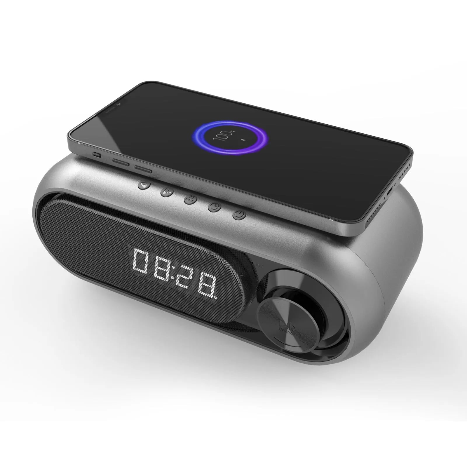 Space grey wireless charging bedside alarm clock with Bluetooth speaker and FM radio