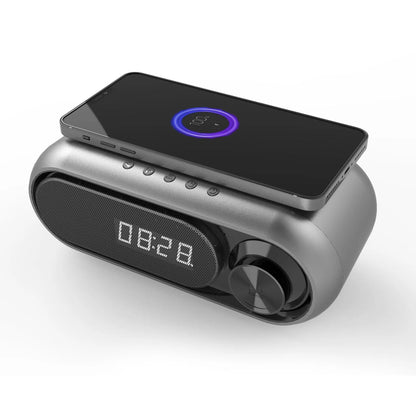 Space grey wireless charging bedside alarm clock with Bluetooth speaker and FM radio