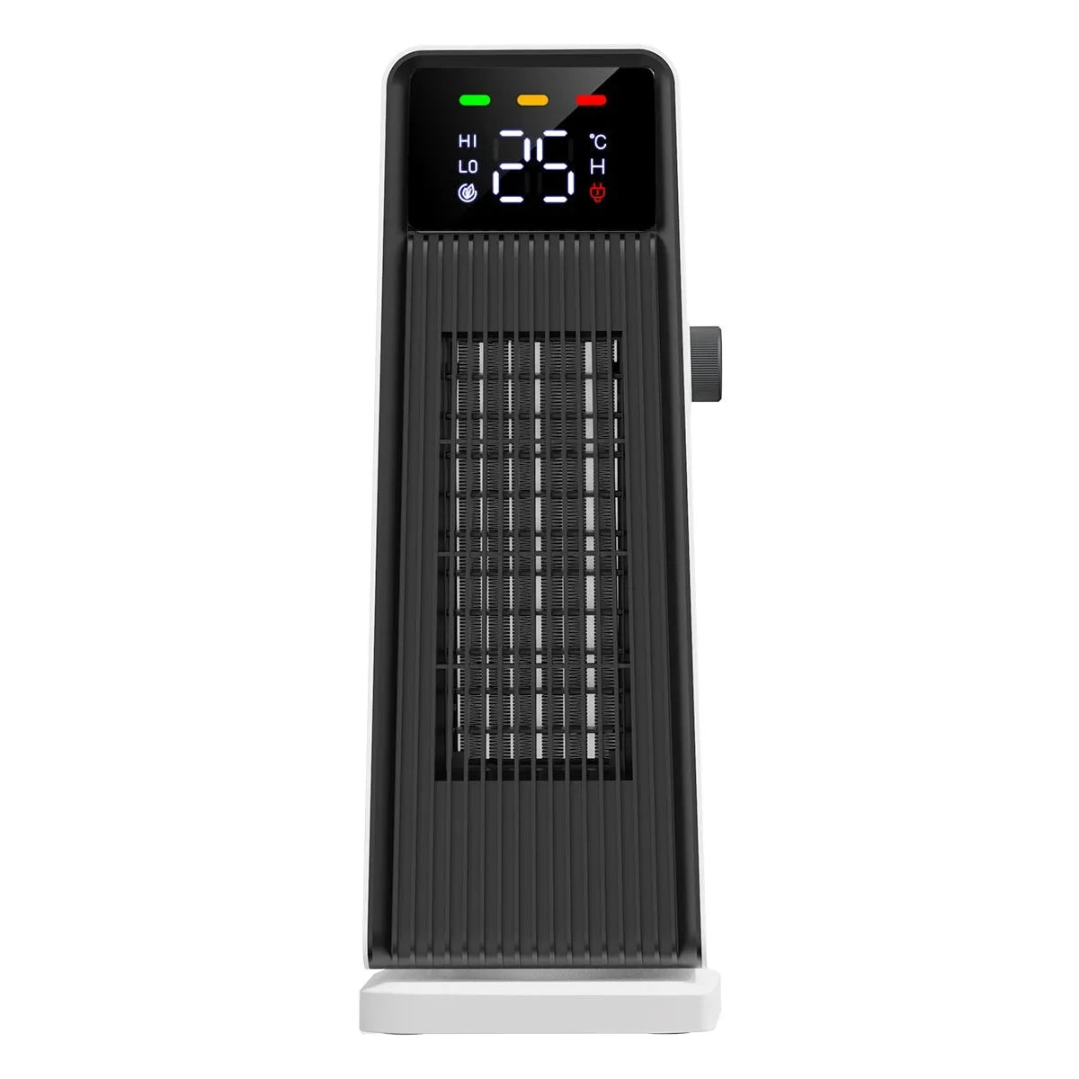 White small electric air conditioner heater with PTC heating, 1500W, oscillating air supply, touch control and timer.