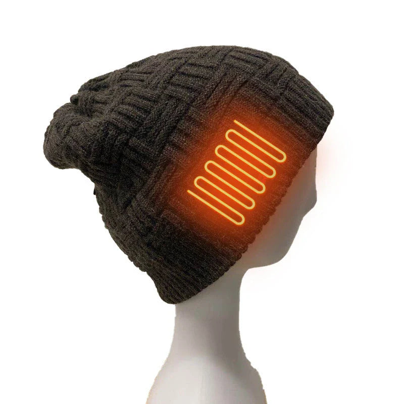 USB rechargeable heated fleece hat with adjustable temperature settings for outdoor activities like hiking, climbing, and fishing