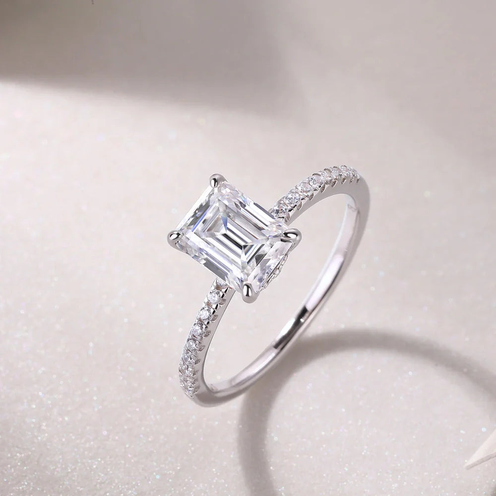 Wedding ring set with octagonal moissanite stones on S925 silver bands with platinum plating