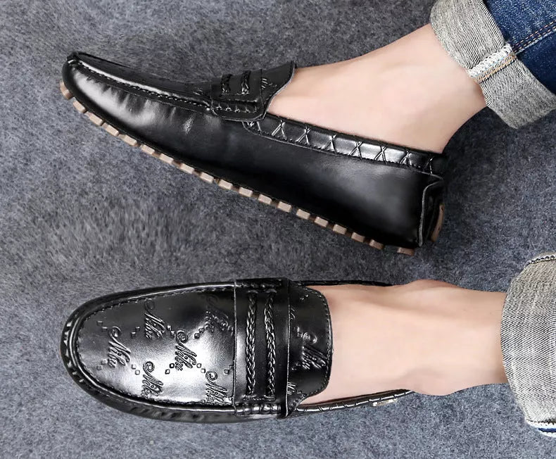 Men's black plus size authentic leather driving loafers with rubber sole