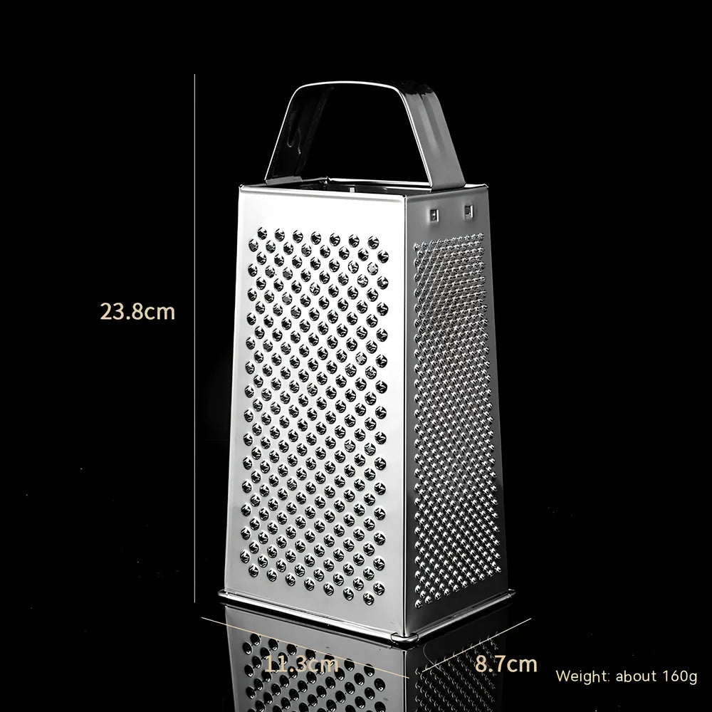 Stainless steel vertical grater with interchangeable plates and weighted base
