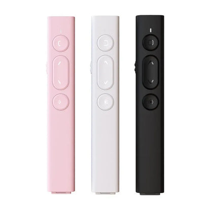 A whiteboard remote control pen for PPT presentations, shown in black, white, and pink colour options.