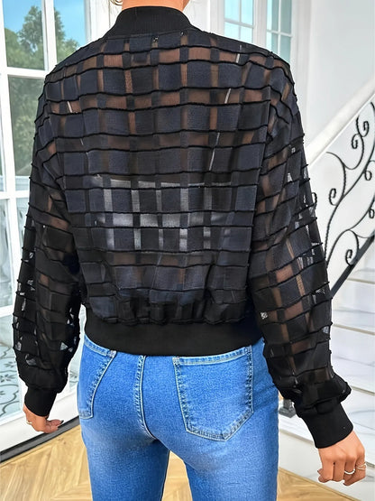 Black women's casual jacket with geometric pattern, long sleeves, and a front zipper.