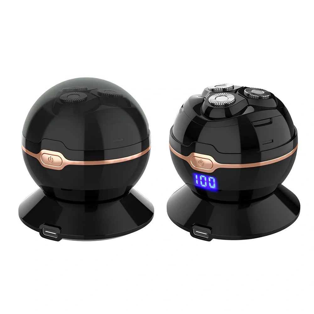 Black spherical wireless shaver with magnetic cutter heads on charging base showing digital battery display