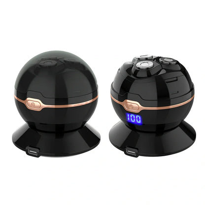 Black spherical wireless shaver with magnetic cutter heads on charging base showing digital battery display