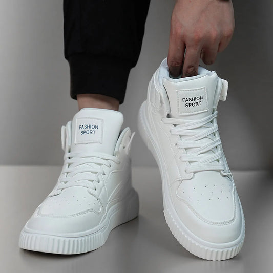 Men's white casual shoes with round toe design and microfiber upper, shown in size 42 on neutral background