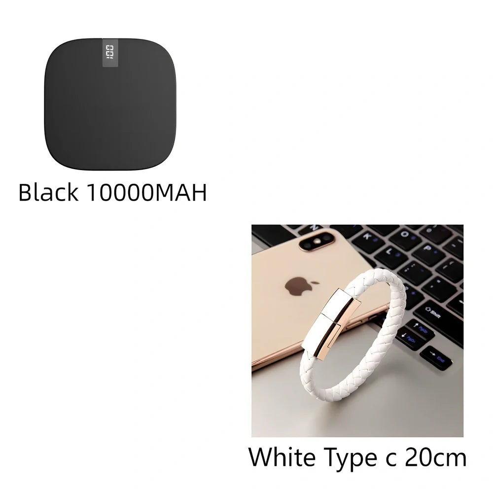 Red 10000 mAh mini power bank with digital display showing battery percentage, measuring 90x64x24mm