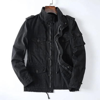 Men's loose-fit cotton zip jacket in retro style showing black, army green, and coffee colour options