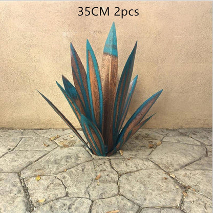 Handmade rustic tequila agave metal sculpture with blue highlights for garden or home decor
