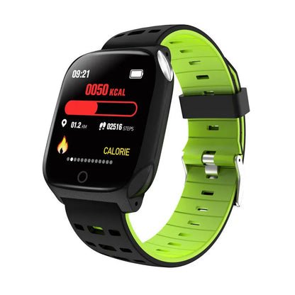 F16 smart watch with silicone band showing ECG and heart rate display on wrist.