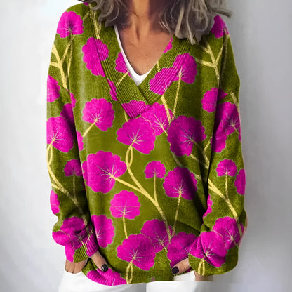 Women's V-neck long sleeve sweatshirt with a 3D floral print pattern in art retro style.