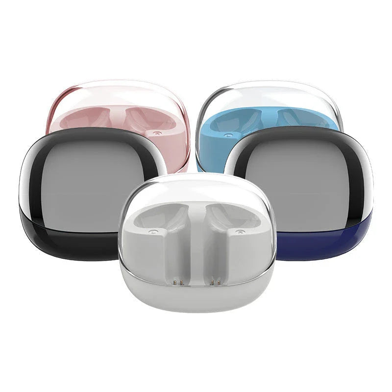 Wireless Bluetooth headset with transparent case, showcasing its sleek and compact design
