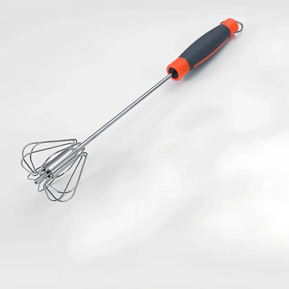 Stainless steel manual egg beater showing three size options with green and orange handles