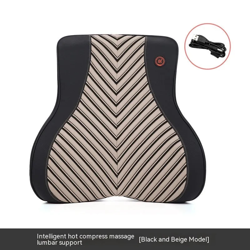 Black and orange electric massage heating car headrest and lumbar support cushion on a vehicle seat.