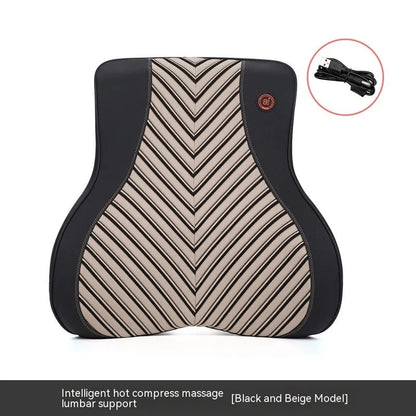 Black and orange electric massage heating car headrest and lumbar support cushion on a vehicle seat.