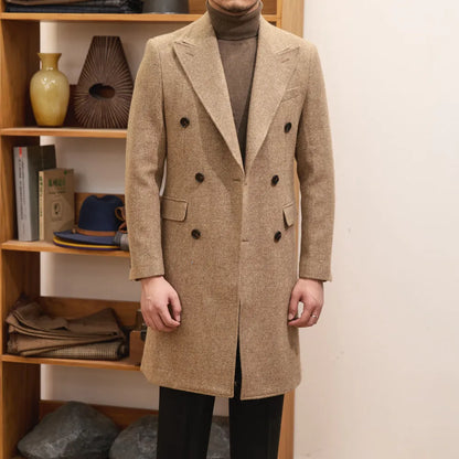 Brown men's slim fit double breasted wool blend jacket with straight hem and side seam pockets.