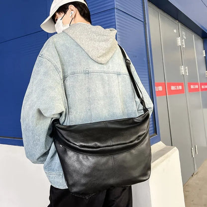 Retro style brown men's crossbody messenger bag showing storage compartments and 50cm width dimensions