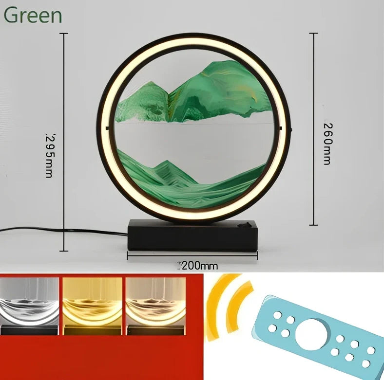 Black and white quicksand table lamp, 295mm tall with LED lights and remote control, coloured sand in glass chamber