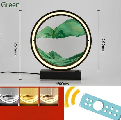 Black and white quicksand table lamp, 295mm tall with LED lights and remote control, coloured sand in glass chamber