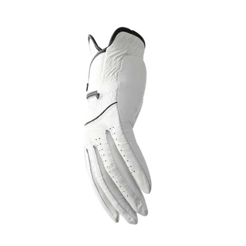 White half sheepskin golf glove for men showing non-slip grip palm detail