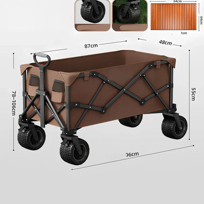 Foldable black camping cart with 600kg capacity showing expanded and collapsed dimensions