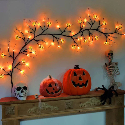 Halloween Willow Vine String Lights with Spooky Bats and Pumpkins for Indoor and Outdoor Decoration